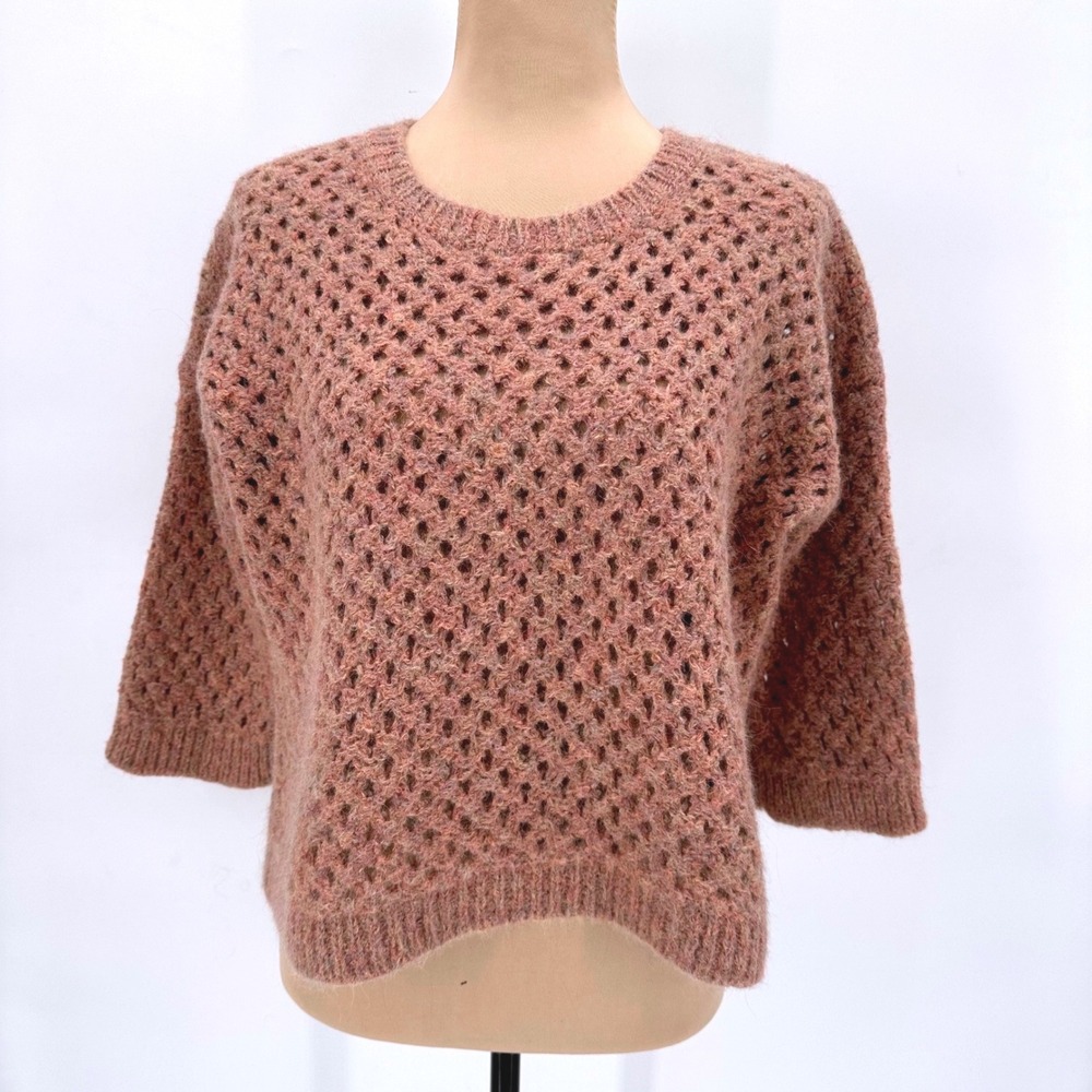 Eileen Fisher Womens Large Pink Open Knit Boxy Crew Neck 3/4 Sleeve Sweater Flaw